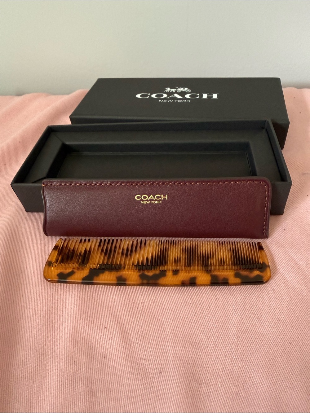 Coach Comb with Burgundy Leather Sleeve - Picture 2 of 4